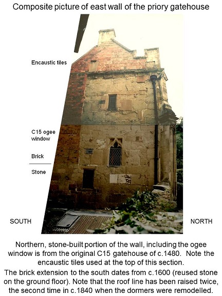 East side of Priory Gatehouse with encaustic tiles at the top