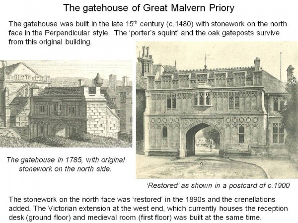 Two illustrations showing the Gatehouse before and after the 1891 restoration