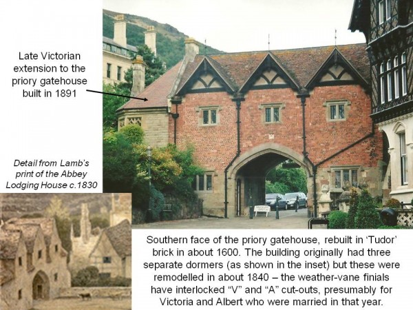 Two illustrations showing the Priory Gatehouse before and after the 19th century restoration