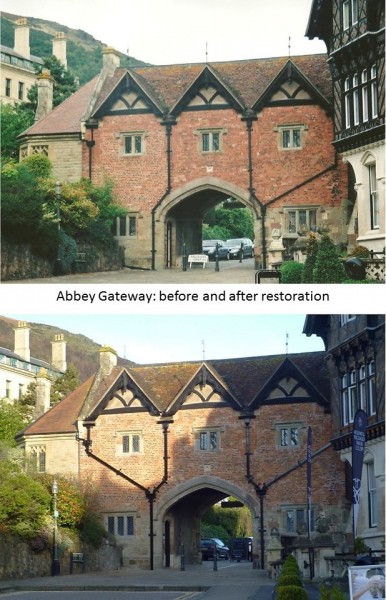 Restored layout of drainpipes on Tudor (south) side of Gatehouse