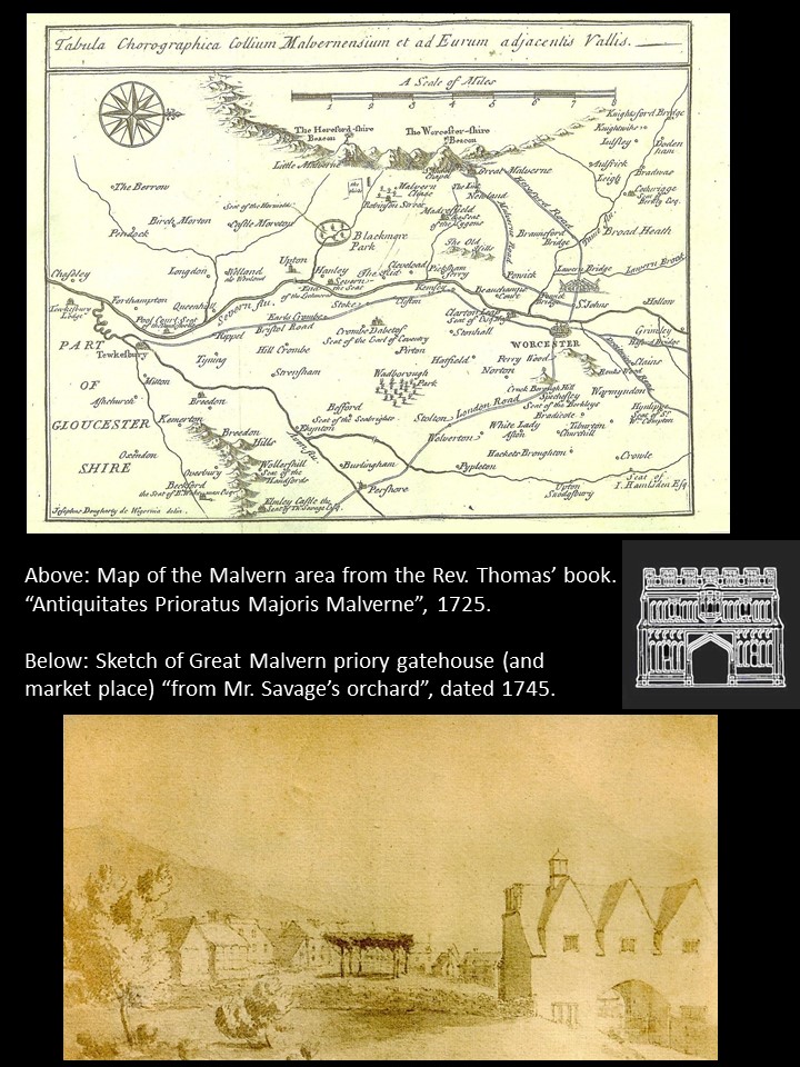 The earliest printed map of the Malvern area, and the earliest view of the rear of the gatehouse.