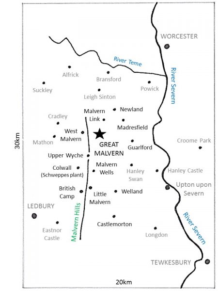 Map showing the collection area of Malvern Museum of Local History